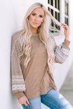 Light French Beige Floral Striped Patchwork Loose Long Sleeve Top