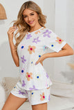 White Flower Print Short Sleeve High Waist Two Piece Shorts Set