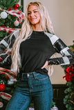 Black Sequin Plaid Patchwork Raglan Sleeve Top