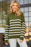 Knit Mock Neck Buttoned Drop Shoulder Striped Sweater - Kevous