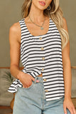 White Striped Print Button Front U Neck Tank Top