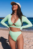 Green Long Sleeve Cutout Bikini High Waist Swimsuit