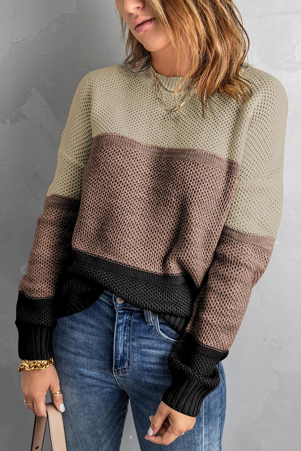 Khaki Color Block Netted Texture Pullover Sweater - Kevous