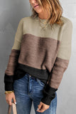 Khaki Color Block Netted Texture Pullover Sweater - Kevous