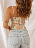 Apricot Floral Print Smocked Ruched Tank Top