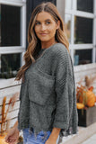 Grey Pocket Ripped Raw Hem Chunky Pullover Sweater - Kevous