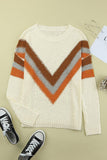 Beige Chevron Casual Drop Shoulder Knit Sweater - Kevous