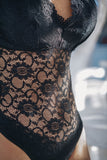 Black Bubble Sleeve Scalloped Lace Bodysuit