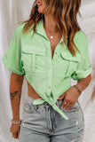 Green Sharp Hemline Tie Knot Short Sleeve Shirt