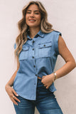 Sky Blue Turn-down Collar Buttoned Denim Top with Pockets