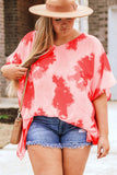 Red Plus Size Tie-dye Print 3/4 Sleeve Tunic Top