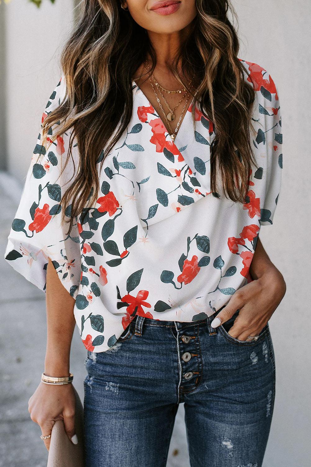 Floral Print Drape V Neck Short Sleeve Blouse - Kevous