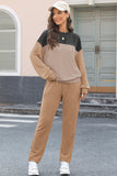 Khaki Corded 2pcs Colorblock Pullover and Pants Outfit
