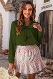 Green Solid Bow Tie Long Sleeve Blouse