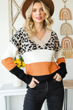 Khaki Leopard Color Block Casual V Neck Sweater - Kevous