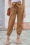 Khaki Solid Color Frock-style Pants with Belt