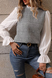 Black Frill Neck Contrast Flounce Sleeve Tweed Top