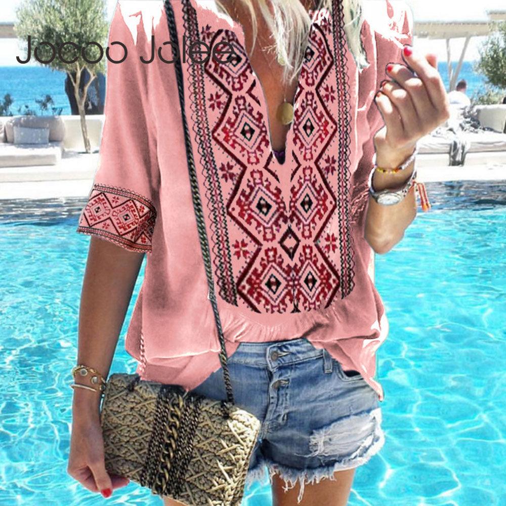 Boho Half Sleeve V-Neck Loose Blouse Kevous