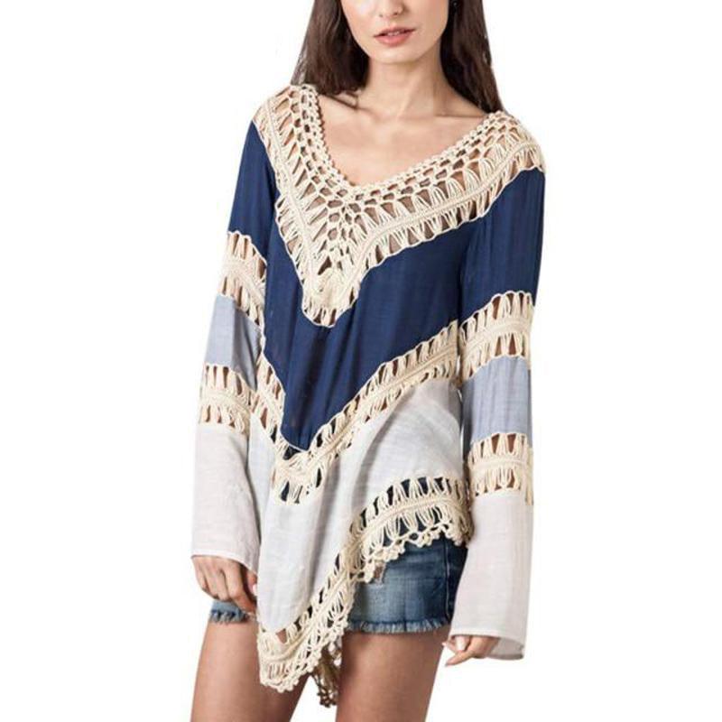 Boho Hollow Out Patchwork Blouse Kevous