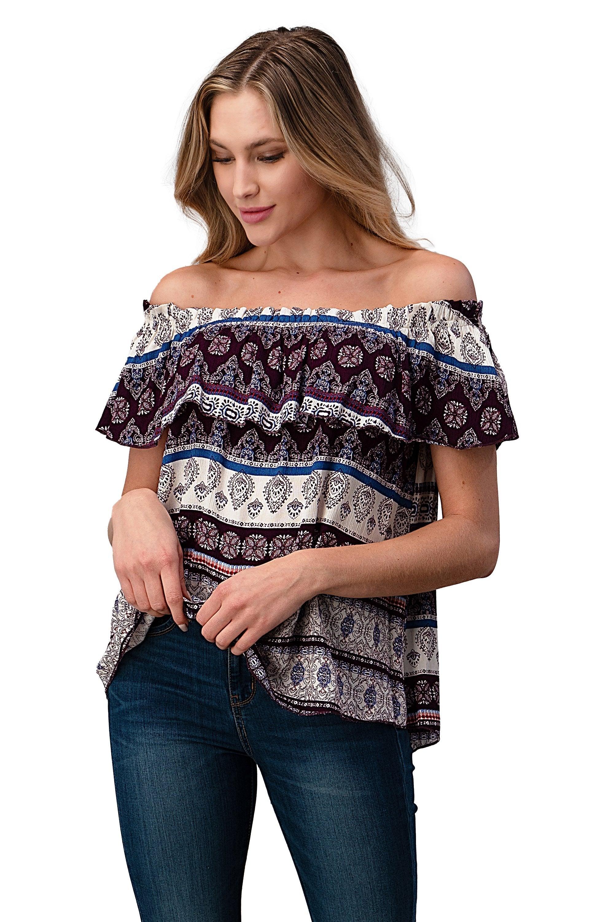 Boho Print Off Shoulder Top Kevous