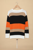 Multicolor Striped Hem Drawstring Pullover Colorblock Sweater - Kevous