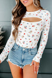 White Long Sleeve Cut-out Floral Bodysuit