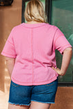 Pink Plus Size Waffle Knit Exposed Seam V Neck Henley T-shirt