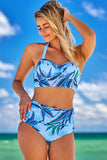 Sky Blue Tropical Leaf Print Self-tie Halter Bikini High Waist Swimsuit