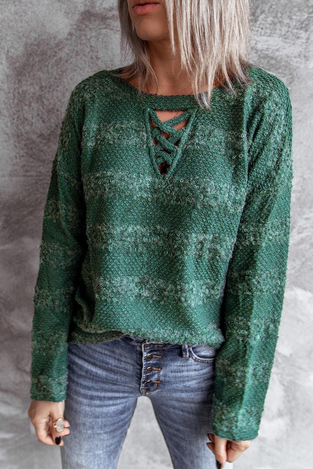 Crisscross Keyhole Long Sleeve Pullover Sweater - Kevous