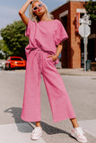 Strawberry Pink Textured Loose Fit T Shirt and Drawstring Pants Set