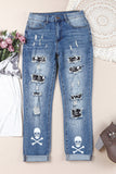 Skull Print Ripped Mid Rise Graphic Jeans