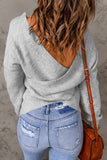 Grey Criss Cross Wrap V Neck Casual Knit Sweater - Kevous