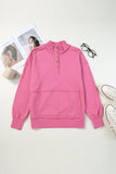 Bright Pink Ribbed Hem Snap Button Neckline Sweatshirt with Pocket