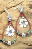 Silvery Leather Beaded Floral Dangle Earrings