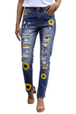 Sunflower Print Ripped High Waist Graphic Jeans