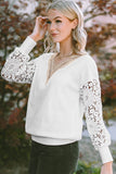 White Lace Splicing V Neck Puff Sleeve Top