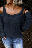 Navy Blue Cold Shoulder Long Sleeve Knit Sweater - Kevous