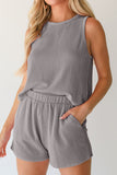 Medium Grey Corded Sleeveless Top and Pocketed Shorts Set