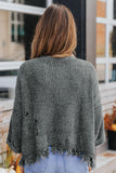 Grey Pocket Ripped Raw Hem Chunky Pullover Sweater - Kevous