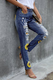 Sunflower Print Ripped High Waist Graphic Jeans