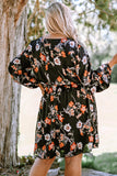 Black Plus Size Drawstring Long Sleeve Floral Dress
