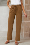 Brown Drawstring Elastic Waist Pockets Long Straight Legs Pants