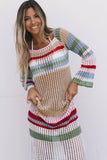 Hollow Out Knit Striped Bell Sleeve Beach Cover Up