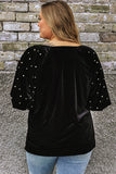 Black Pearl Embellished Puff Sleeve Velvet Plus Size Top