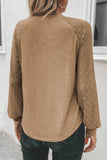 Light French Beige Contrast Lace Raglan Sleeve Plicate Round Neck Top