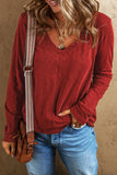 Red Sandalwood V Neck Center Seam Long Sleeve Tee