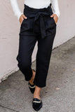 Black Paperbag Belt High Waist Straight Leg Pants