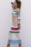 Hollow Out Knit Striped Bell Sleeve Beach Cover Up