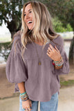 Textured V Neck Bubble Sleeve Flared Top - Kevous