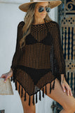Black Crochet Hollow Out Fringe Batwing Sleeve Beach Cover Up